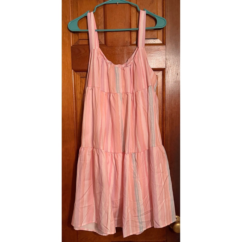 SHEIN Pink Pastel Vertical Stripe Tiered Mini Dress Wide Strap Tank L